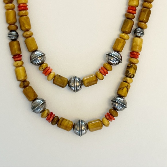 Vintage Running Bear Jasper Wood Red Coral Sterling Silver Bead Necklace - Picture 7 of 12